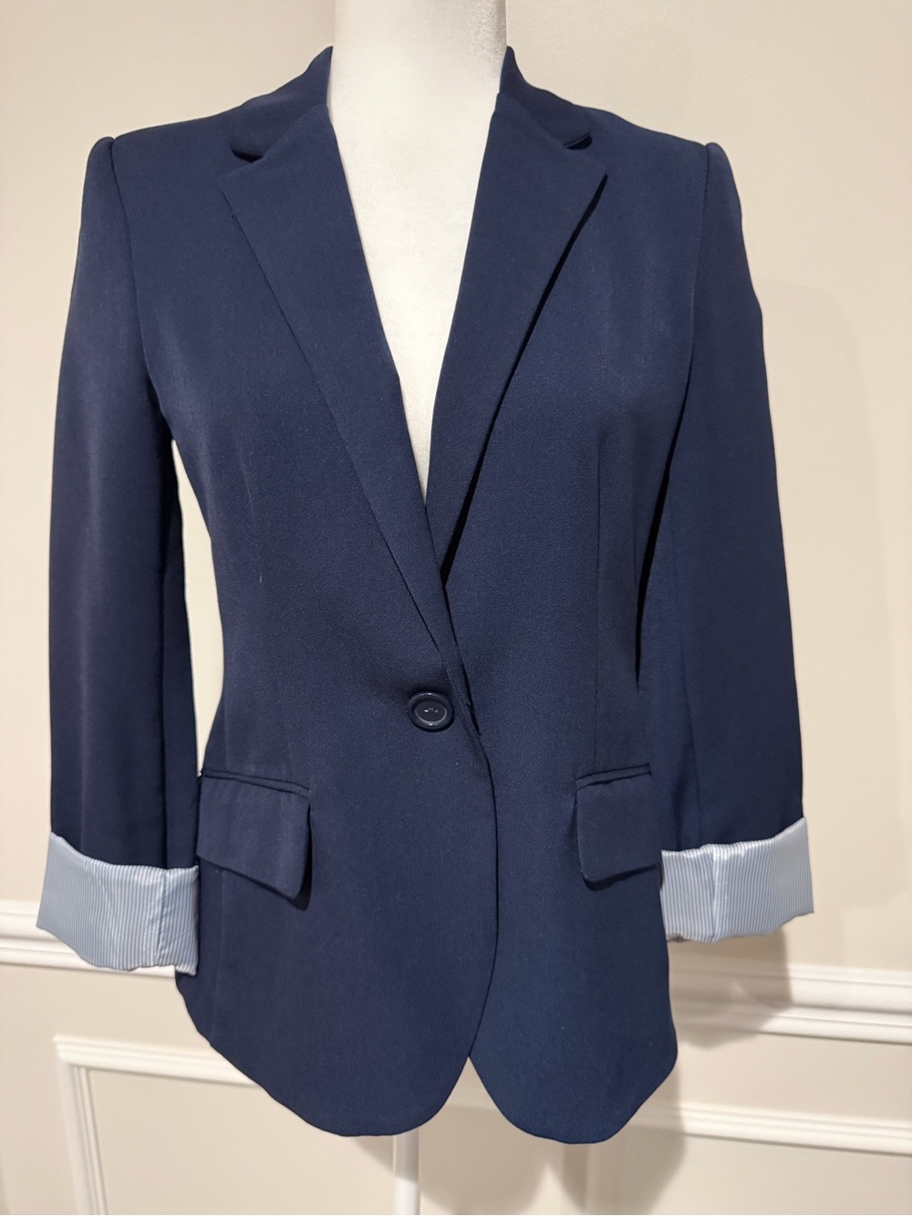 Ambiance Navy Single-Button Blazer with Cuffed Sleeves